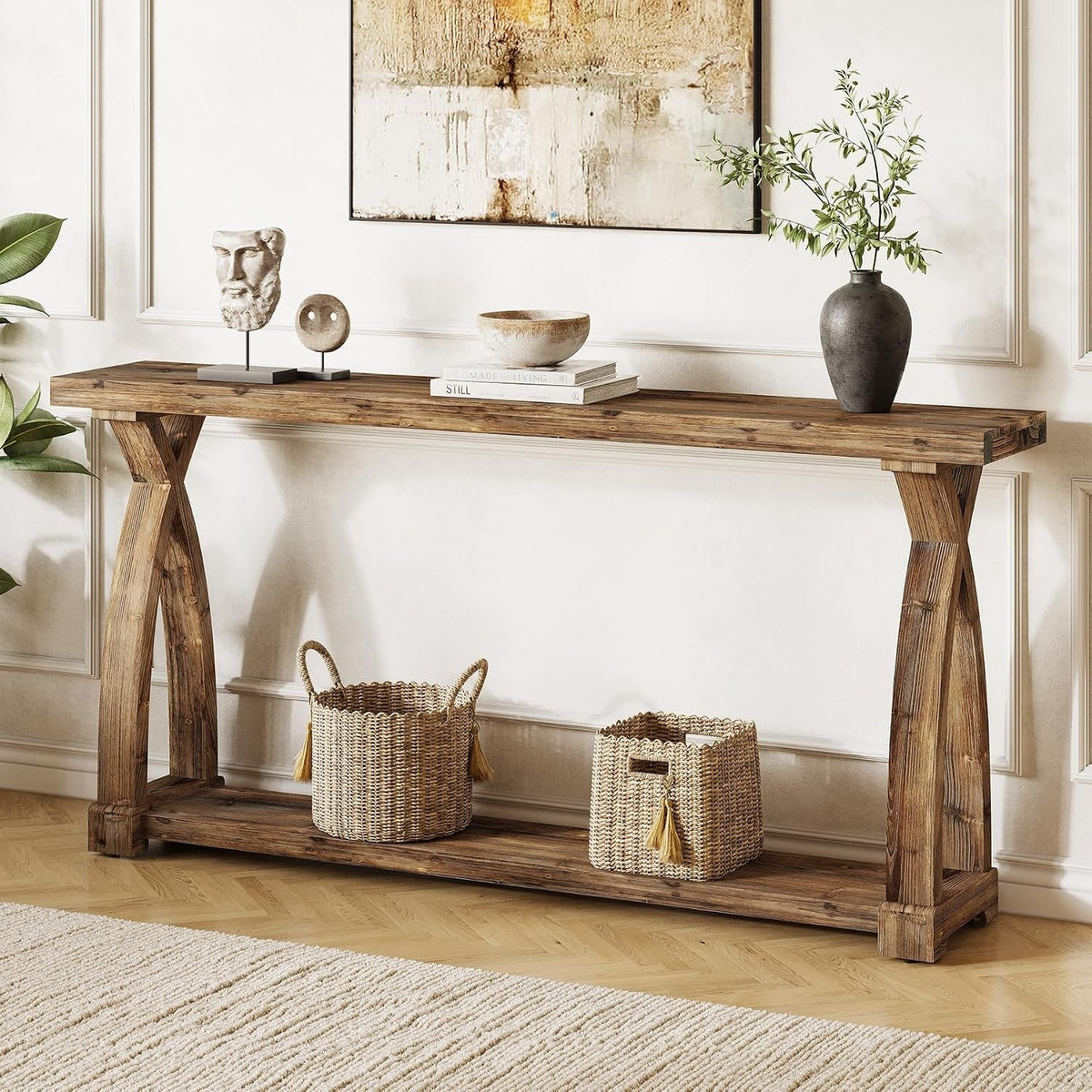 63" Solid Wood Console Table, Narrow Sofa Entryway Table with 2-Tier Storage