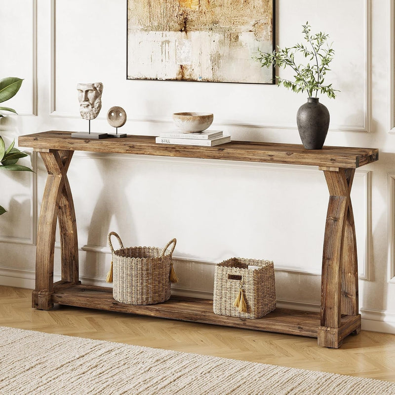 63" Solid Wood Console Table, Narrow Sofa Entryway Table with 2-Tier Storage
