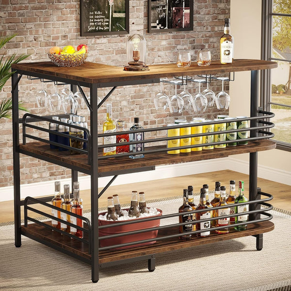 L-Shaped Home Bar Unit, 3-Tier Liquor Bar Table with Wine Glass Holder