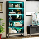 70.8-Inch Tall Bookcase with LED Lights, 5-Tier Black Bookshelf Organizer