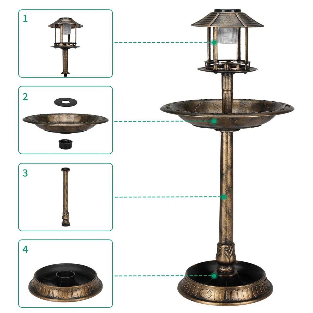 Outdoor Garden Birdbath in Bronze Finish with Solar Light, photo 3 of 5