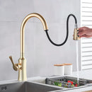 GobekUsa Brushed Gold Kitchen Faucet Hot Cold Water Mixer Pull Out Spout Brass
