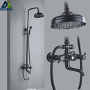 GobekUsa Black Brass Rainfall Shower Mixer Faucet Set with 8" Showerhead and Handshower