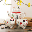 GobekUsa Lucky Cat Porcelain Tea Set: Maneki Neko Tea Cup Pot, Strainer, Plutus Cat Teapot Mug