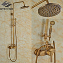 GobekUsa Antique Brass Wall Mount Shower Faucet with Hand Shower, 8" Rain Shower Head