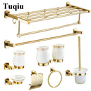 GobekUsa Gold Brass Bath Hardware Set: Towel Rack, Paper Holder, Toilet Brush Holder, Towel Ranger, Hooks