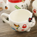 GobekUsa Lucky Cat Porcelain Tea Set: Maneki Neko Tea Cup Pot, Strainer, Plutus Cat Teapot Mug