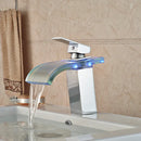 GobekUsa LED Glass Waterfall Basin Faucet | Square Single Handle Bathroom Sink Mixer