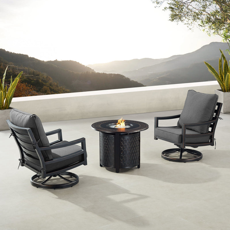 Black Aluminum Fire Table Bistro Set with Two Club Chairs