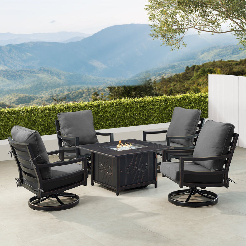 Black Aluminum Fire Table Set with Four Club Chairs