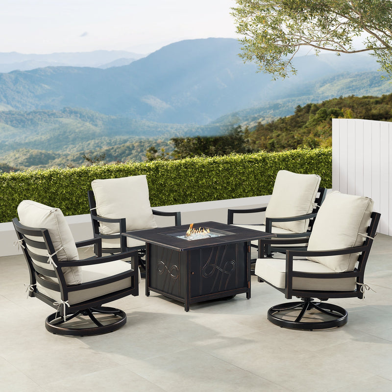 Black Aluminum Fire Table Set with Four Club Chairs