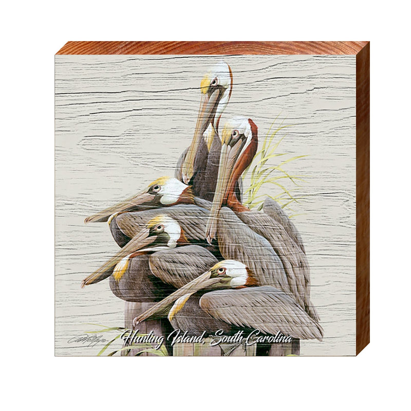 Hunting Island Art Lamay's Pelicans on Pilings | Real Wood Art Print