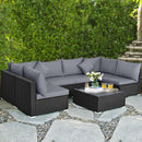 7 Pieces Sectional Wicker Furniture Sofa Set with Tempered Glass Top-Red