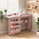 Folding Sewing Table with Charging Station and Casters