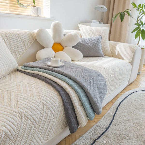 Quilted Geometric Cotton Sofa Cover, Non-Slip & Thick Padded Furniture Covers