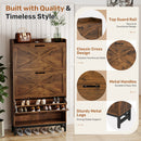 Wooden Shoe Storage Cabinet with Barn Door Flip-Top — Dark Brown