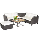 7 Pieces Hand-Woven Wicker Outdoor Furniture Set with Acacia Wood Coffee Table-White by LJGDeals
