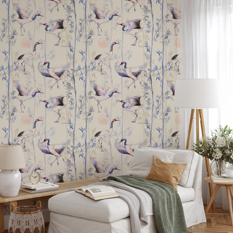 Hand Drawn Watercolor Japanese Cranes Wallpaper