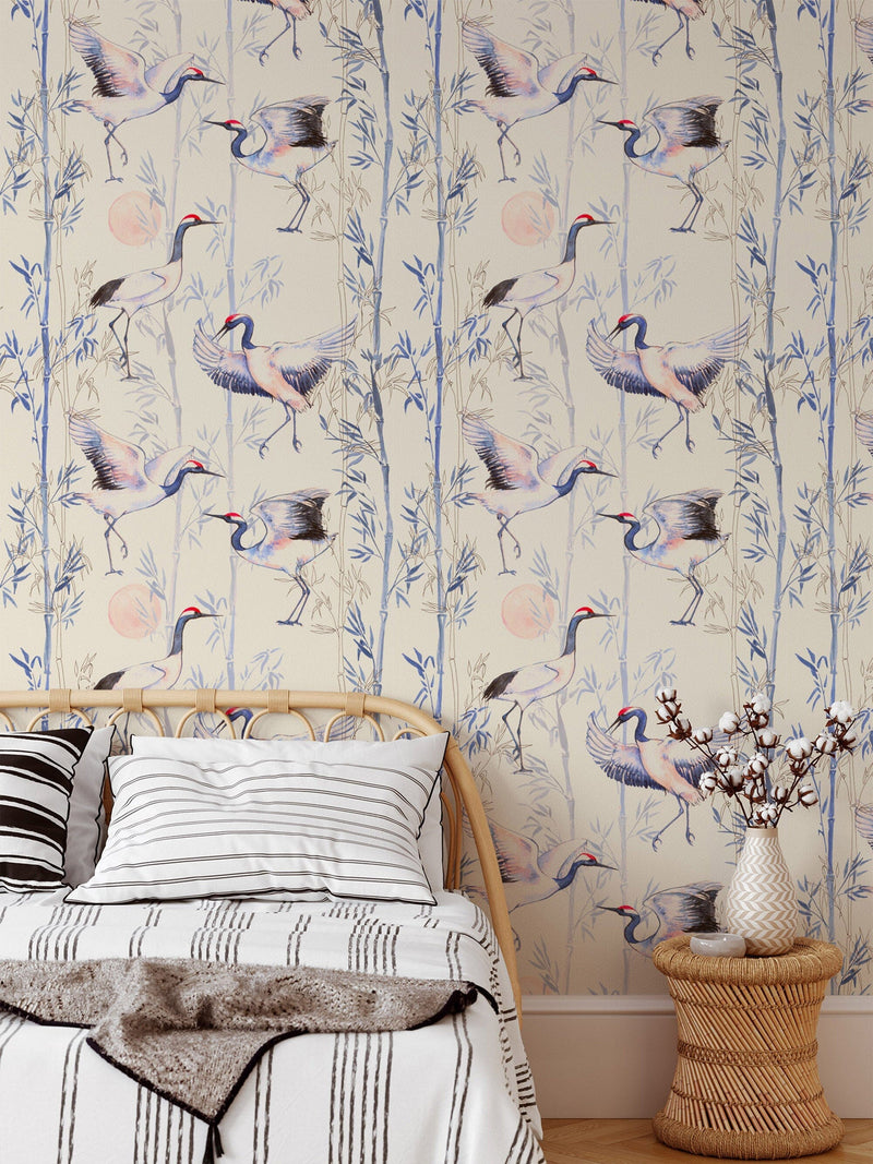 Hand Drawn Watercolor Japanese Cranes Wallpaper