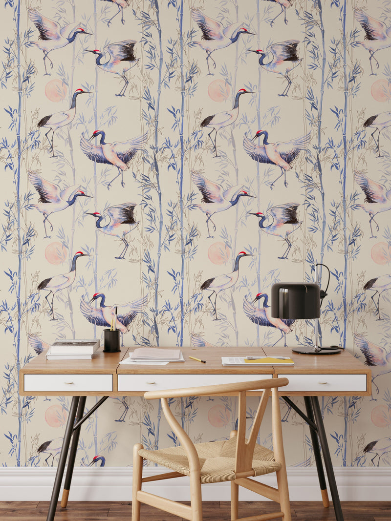 Hand Drawn Watercolor Japanese Cranes Wallpaper