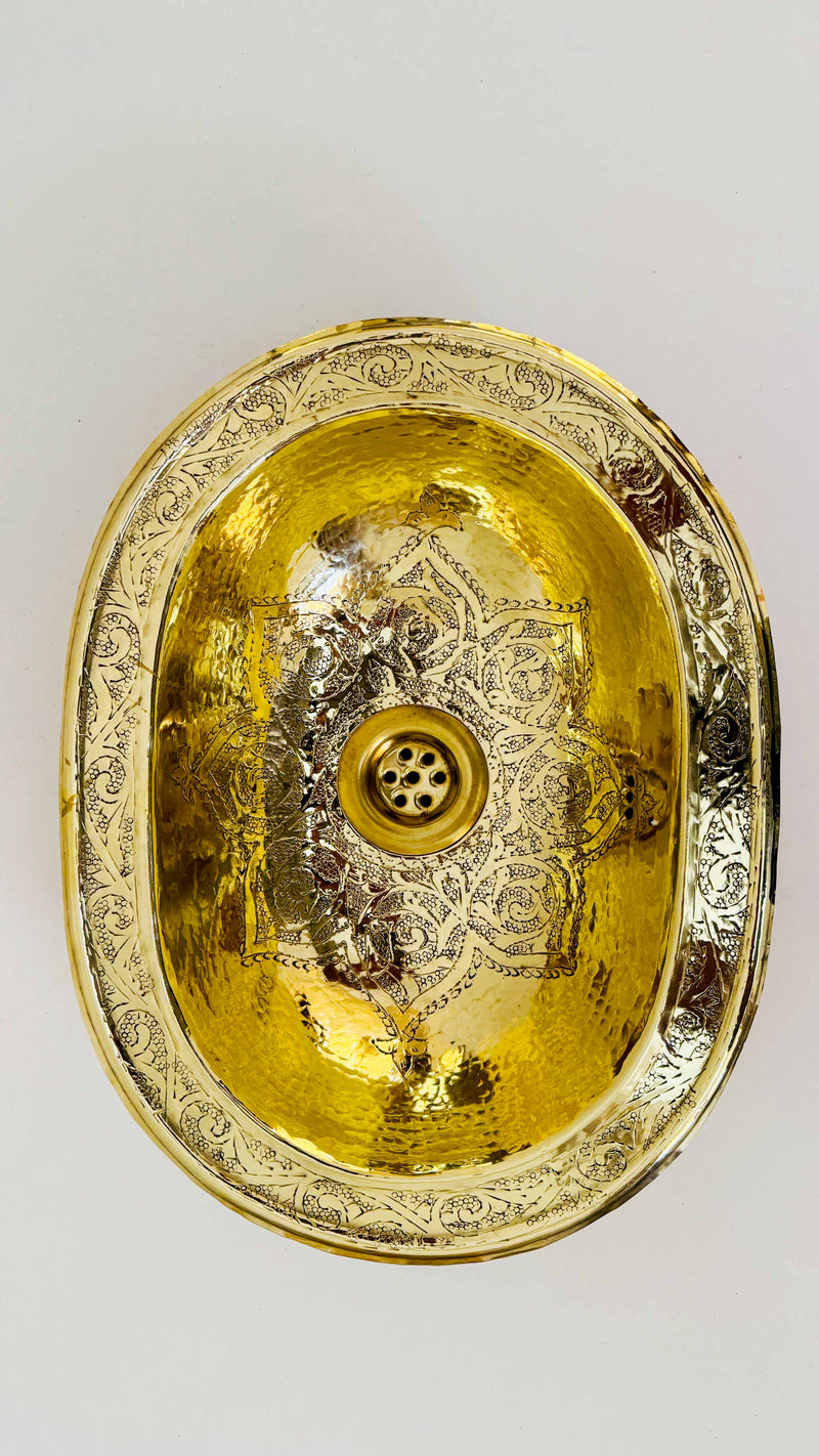 Unlacquered Brass Oval Sink - Moroccan Drop-In Engraved Sink