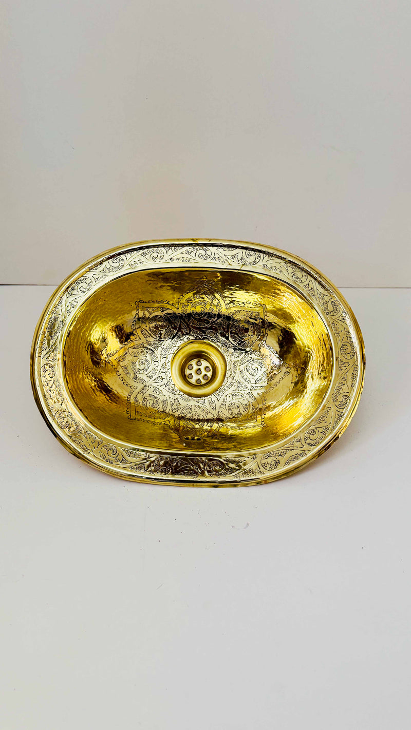 Unlacquered Brass Oval Sink - Moroccan Drop-In Engraved Sink