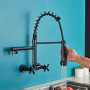 GobekUsa Gold Black Kitchen Faucet Wall Mount Pull Down Tap Dual Swivel Spouts
