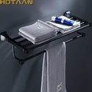 GobekUsa Black Aluminum Towel Rack with Hook, Wall-mounted Bathroom Towel Holder and Shelf