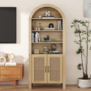 Tall Arched Wood Bookcase with Rattan Doors & Adjustable Shelves