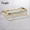 GobekUsa Gold Brass Bathroom Shelf with Towel Hanger, Shampoo Holder, and Basket