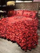 GobekUsa Jacquard Rose Lace Bedding Set, Luxurious European Style, Red & Champagne