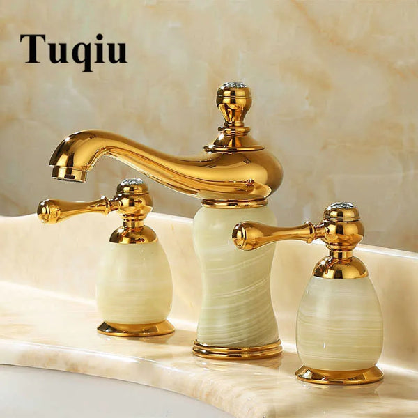 GobekUsa Gold Brass Jade 3 Hole Widespread Basin Faucet with Double Handle