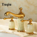 GobekUsa Gold Brass Jade 3 Hole Widespread Basin Faucet with Double Handle