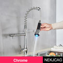 GobekUsa LED Spring Kitchen Faucet: Dual Swivel Spout, Pull Down, Hot Cold Mixer Tap