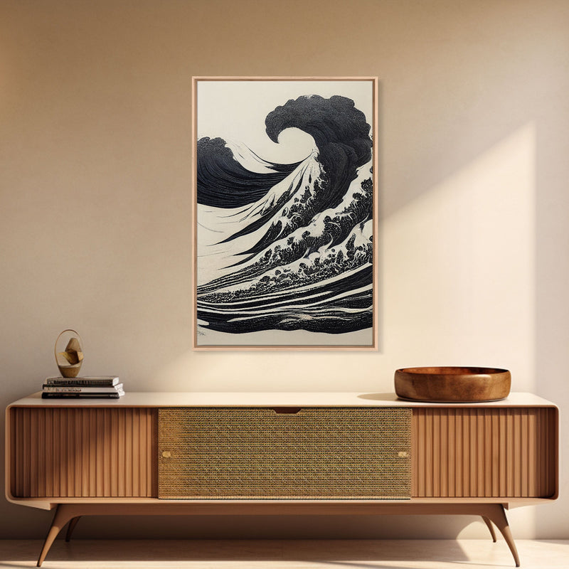 Black and White Tsunami Waves, Japanese Style Art, Framed Canvas Print, Ready To Hang Framed Wall Art, Living Room Wall Decor