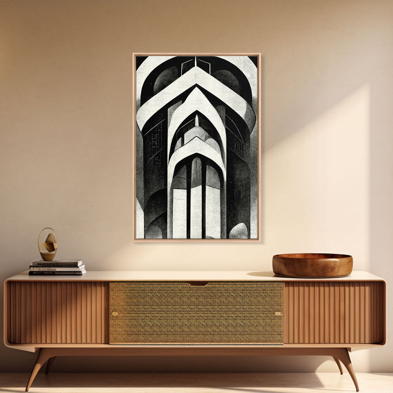 Black And White Art Print, Art Deco Architecture, Framed Canvas Print, Ready To Hang Framed Wall Art, Living Room Wall Hanging