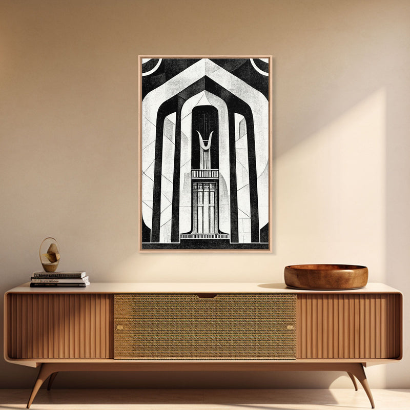 Art Deco Black And White Art Print, Art Deco Architecture, Framed Canvas Print, Ready To Hang Framed Wall Art, Living Room Wall Hanging