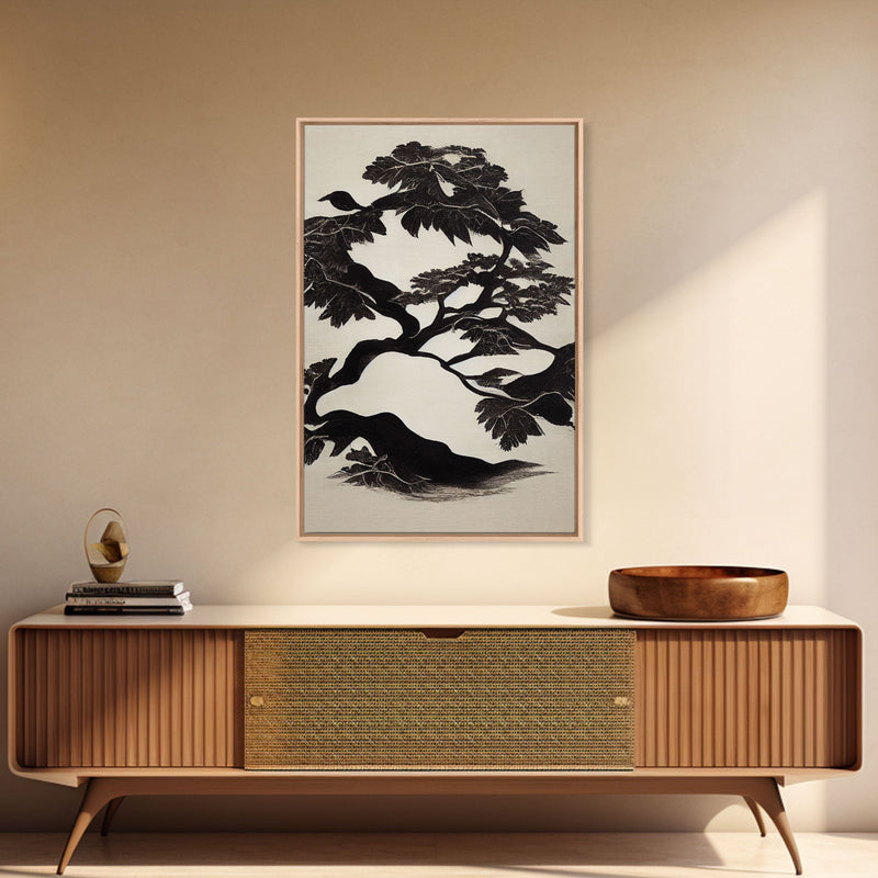 Black and White Bonsai Tree, Framed Canvas Print, Ready To Hang Framed Wall Art, Living Room Wall Hanging