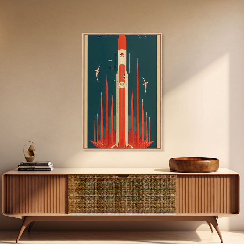 Art Deco Space Travel Poster Art, Framed Canvas Print, Ready To Hang Framed Wall Art, Living Room Wall Hanging