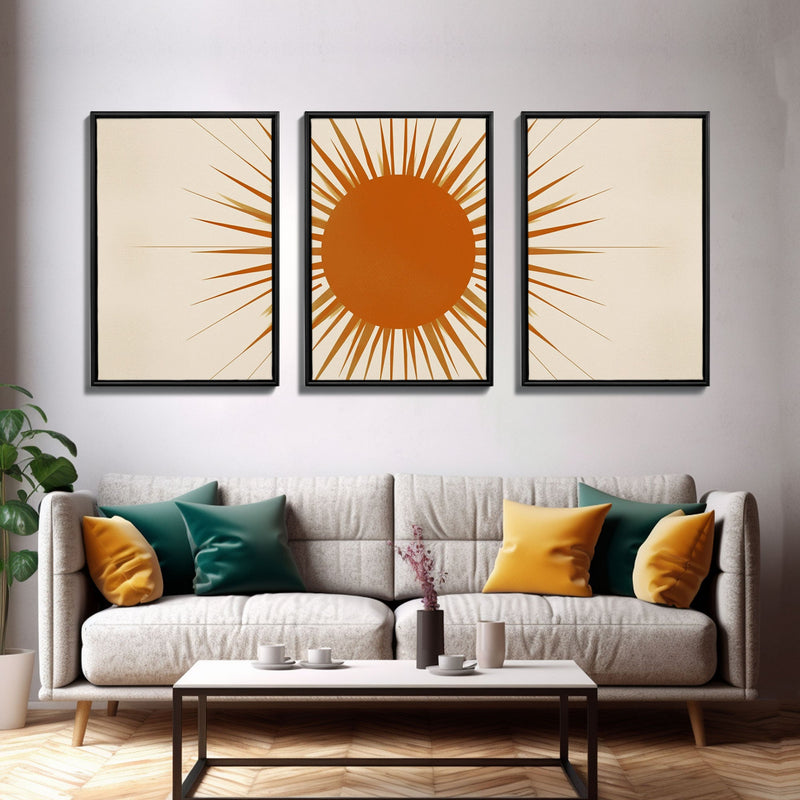 3 Piece Framed Canvas Wall Art Sun With Rays, Mid Century Modern, Art Deco, Retro Wall Art, Shabby Chic Boho Wall Art for Bedroom