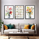 3 Piece Set, Cute Kawaii Floral Print, Flowers In Vases, Framed Wall Art, Canvas Print, Botanical Wall Decor, Dried Flower Large Triptych