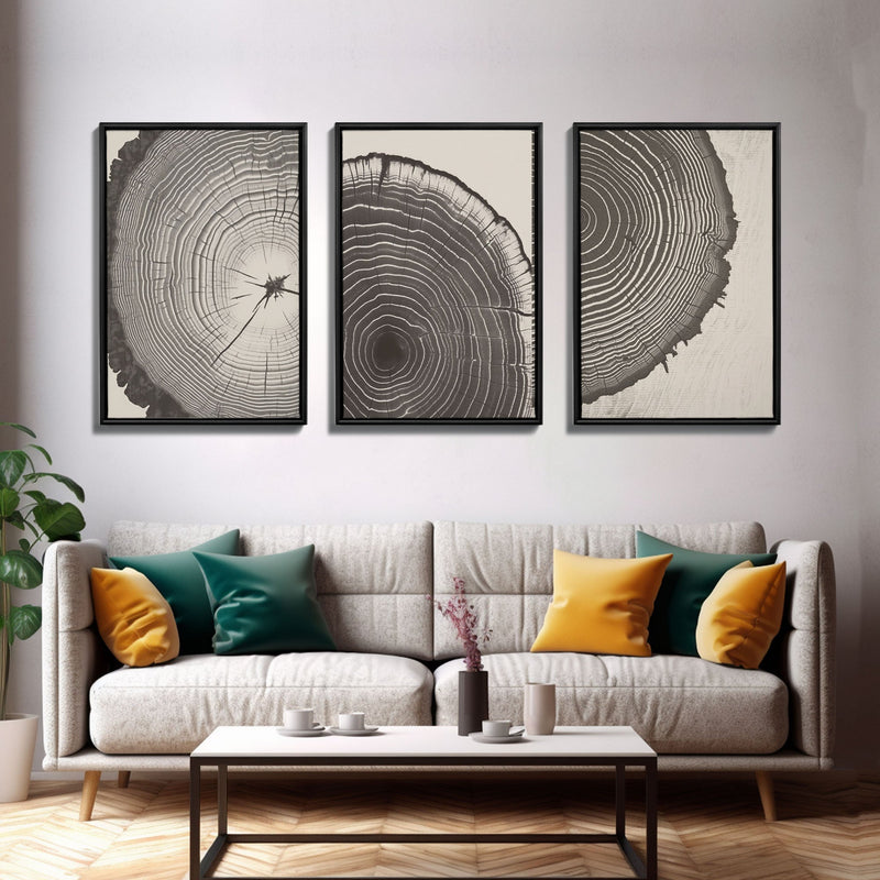 Boho Framed Canvas Wall Art Set, Wood Tree Rings Abstract Illustrations Prints Modern Art, Minimalist Neutral Boho Decor, Charcoal Sketch