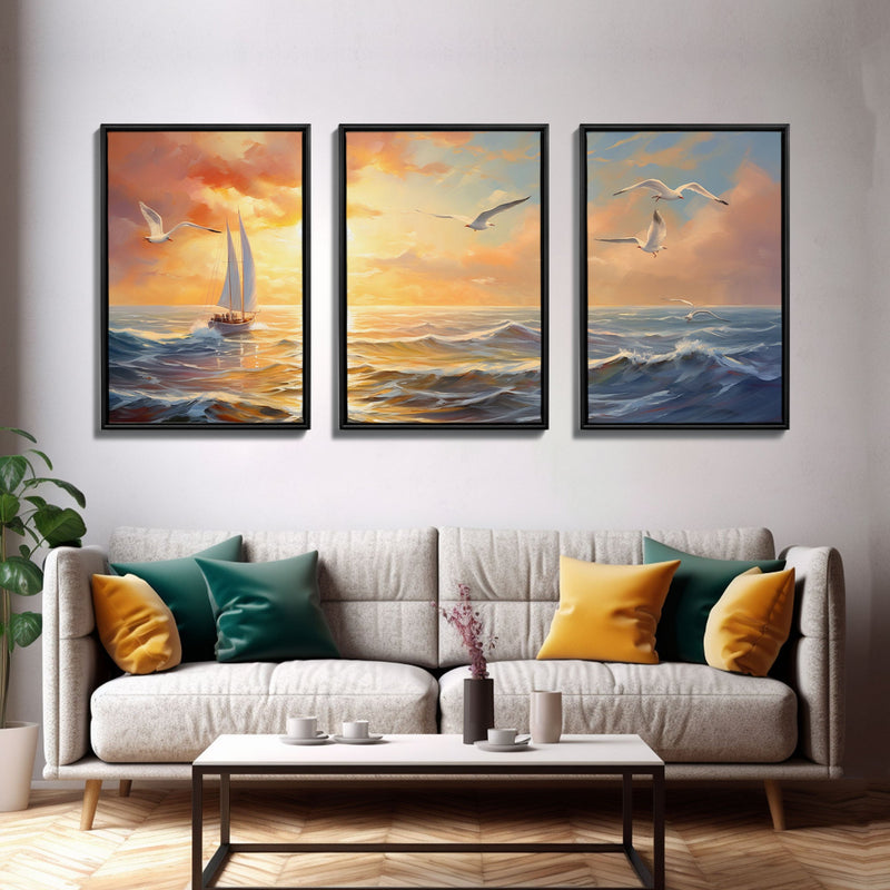 Beautiful Ocean At Sunset 3 Piece Canvas Print Wall Art, Above Sofa, Abstract Art, Modern Art, Minimalism Lakehouse Decor