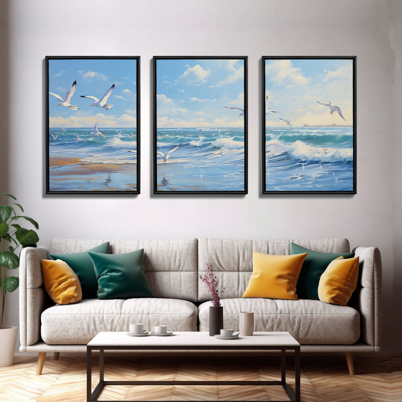 Beautiful Seagulls Over An Ocean Beach At Sunset 3 Piece Canvas Print Wall Art, Above Sofa Art, Modern Art, Minimalism Lakehouse Decor