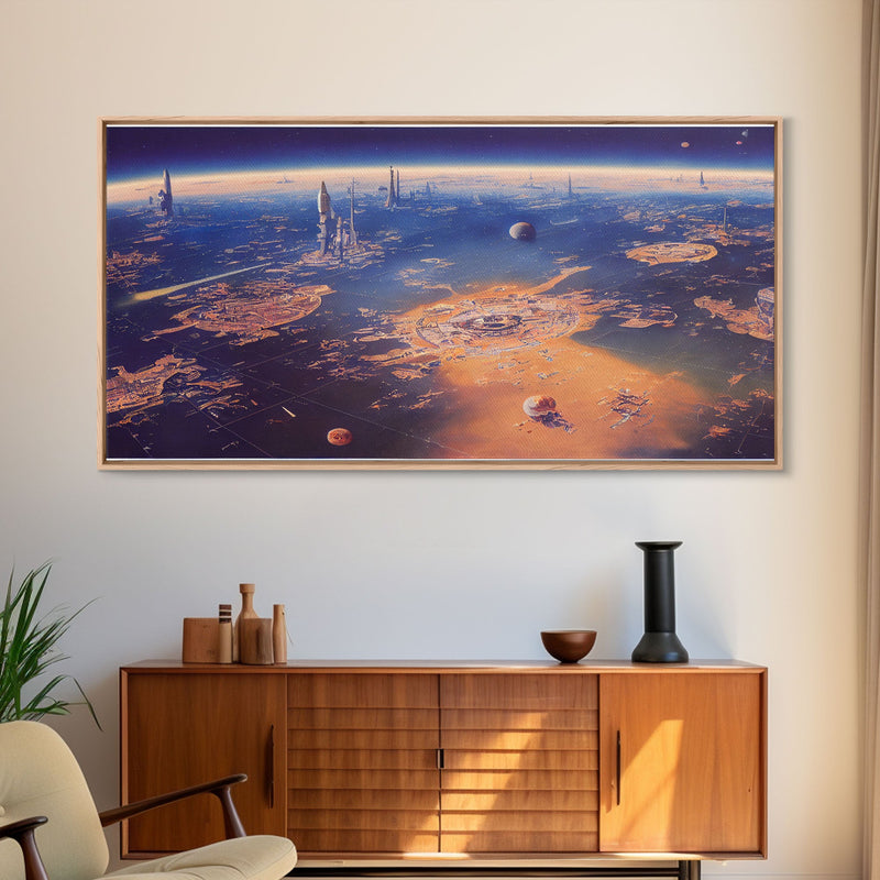 Bird's eye view of a futuristic city-planet, cool scifi art, framed canvas print, ready to hang framed wall art