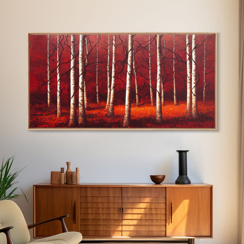 Birch Trees, Haunted birch forest, blood red forest, framed canvas print, ready to hang framed wall art