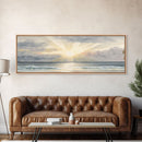 Whimsical Beach Sunset Art Watercolor, Framed Canvas Print, Panoramic Lakehouse Art, Light Pastels, Ultra Wide Format Above Bed Art