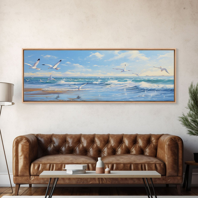 Blue Beach, Ocean Waves & Seagulls Panoramic Framed Canvas Print - Perfect for Living Room, Bedroom, Office Decor