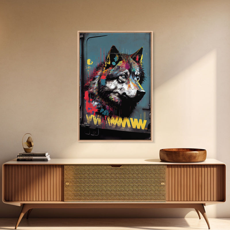 Wolf graffiti on a subway train car, framed canvas print, framed wall art