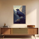 Portrait of a raven in the mountains, crow art, framed canvas print, framed wall art